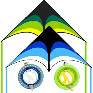 Large Delta Kite Easy to Fly with Kite Reel Set, Beach Kite & Kite Spool for Kids & Adults, Single Line Triangle Kite with 7.1 Inch Kite Wheel Kit(Green & Blue Delta with Reels)