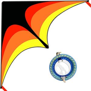 Large Delta Kite Easy to Fly with Kite Reel Set, Beach Kite & Kite Spool for Kids & Adults, Single Line Triangle Kite with 7.1 Inch Kite Wheel Kit(Yellow Delta with Reel)