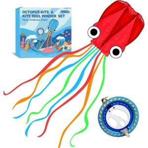 Octopus Kites for Kids & Adults Easy to Fly, 24”x 158” Large Soft Kite Kit for Boys and Girls, Single Line 3D Beach Kite Set for Teens,Perfect for Outdoor Activities(Red Octopus with Reel)