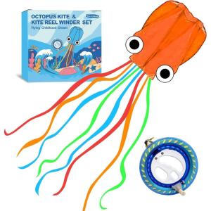 Octopus Kites for Kids & Adults Easy to Fly, 24”x 158” Large Soft Kite Kit for Boys and Girls, Single Line 3D Beach Kite Set for Teens,Perfect for Outdoor Activities(Orange Octopus with Reel)