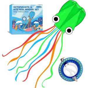 Octopus Kites for Kids & Adults Easy to Fly, 24”x 158” Large Soft Kite Kit for Boys and Girls, Single Line 3D Beach Kite Set for Teens,Perfect for Outdoor Activities(Green Octopus with Reel)