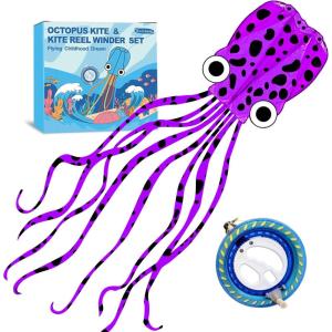 Octopus Kites for Kids & Adults Easy to Fly, 24”x 158” Large Soft Kite Kit for Boys and Girls, Single Line 3D Beach Kite Set for Teens,Perfect for Outdoor Activities(Purple Spotty Octopus with Reel)