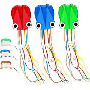Octopus Kites for Kids & Adults Easy to Fly, 24”x 158” Large Soft Kite Kit for Boys and Girls, Single Line 3D Beach Kite Set for Teens,Perfect for Outdoor Activities(Red Green Blue)