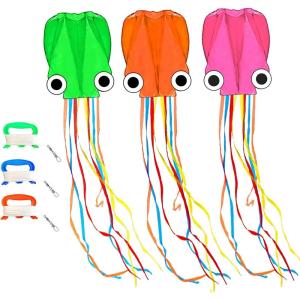 Octopus Kites for Kids & Adults Easy to Fly, 24”x 158” Large Soft Kite Kit for Boys and Girls, Single Line 3D Beach Kite Set for Teens,Perfect for Outdoor Activities(Green Orange Pink)