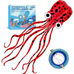 Octopus Kites for Kids & Adults Easy to Fly, 24”x 158” Large Soft Kite Kit for Boys and Girls, Single Line 3D Beach Kite Set for Teens,Perfect for Outdoor Activities(Red Spotty Octopus with Reel)