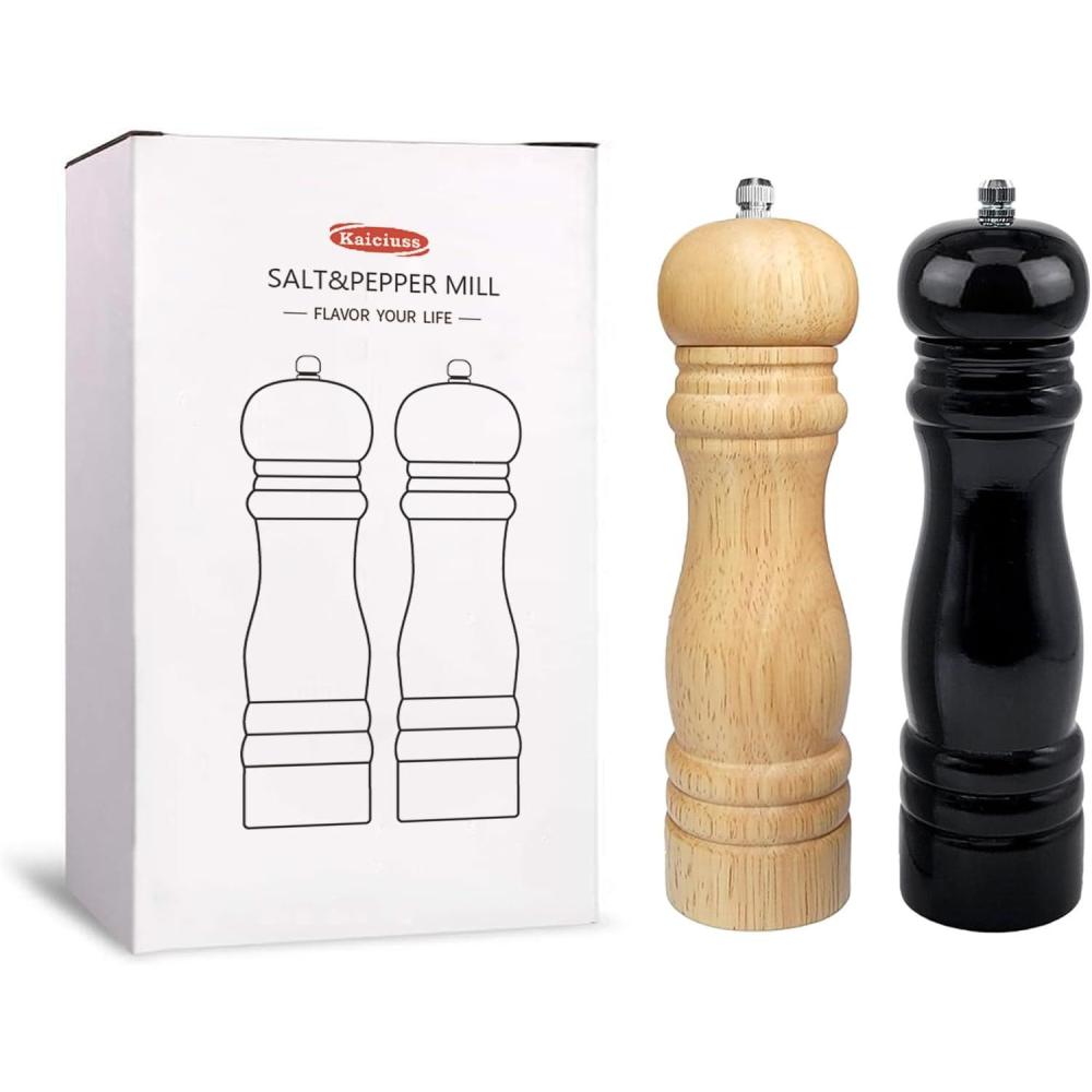 image:imageWooden Pepper Mills Grinders Manual Salt Pepper Grinder Refillable Wooden Mill Rubber Wood BlackBlack  Wooden Color 2 Pack