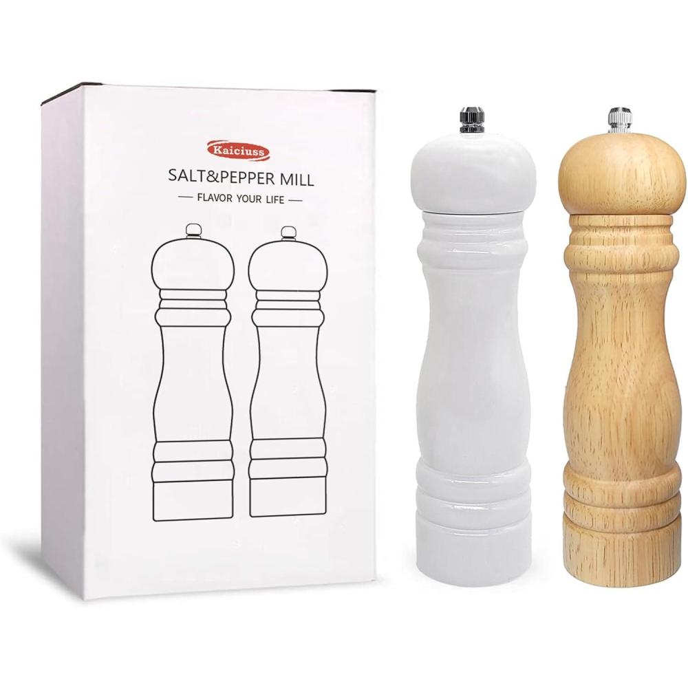 image:imageWooden Pepper Mills Grinders Manual Salt Pepper Grinder Refillable Wooden Mill Rubber Wood BlackWhite  Wood Color 2 Pack