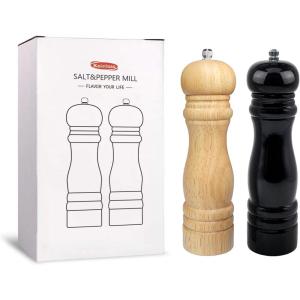 Wooden Pepper Mills Grinders, Manual Salt Pepper Grinder Refillable Wooden Mill, Rubber Wood, Black(Black & Wooden Color 2 Pack)