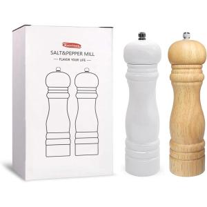 Wooden Pepper Mills Grinders, Manual Salt Pepper Grinder Refillable Wooden Mill, Rubber Wood, Black(White & Wood Color 2 Pack)
